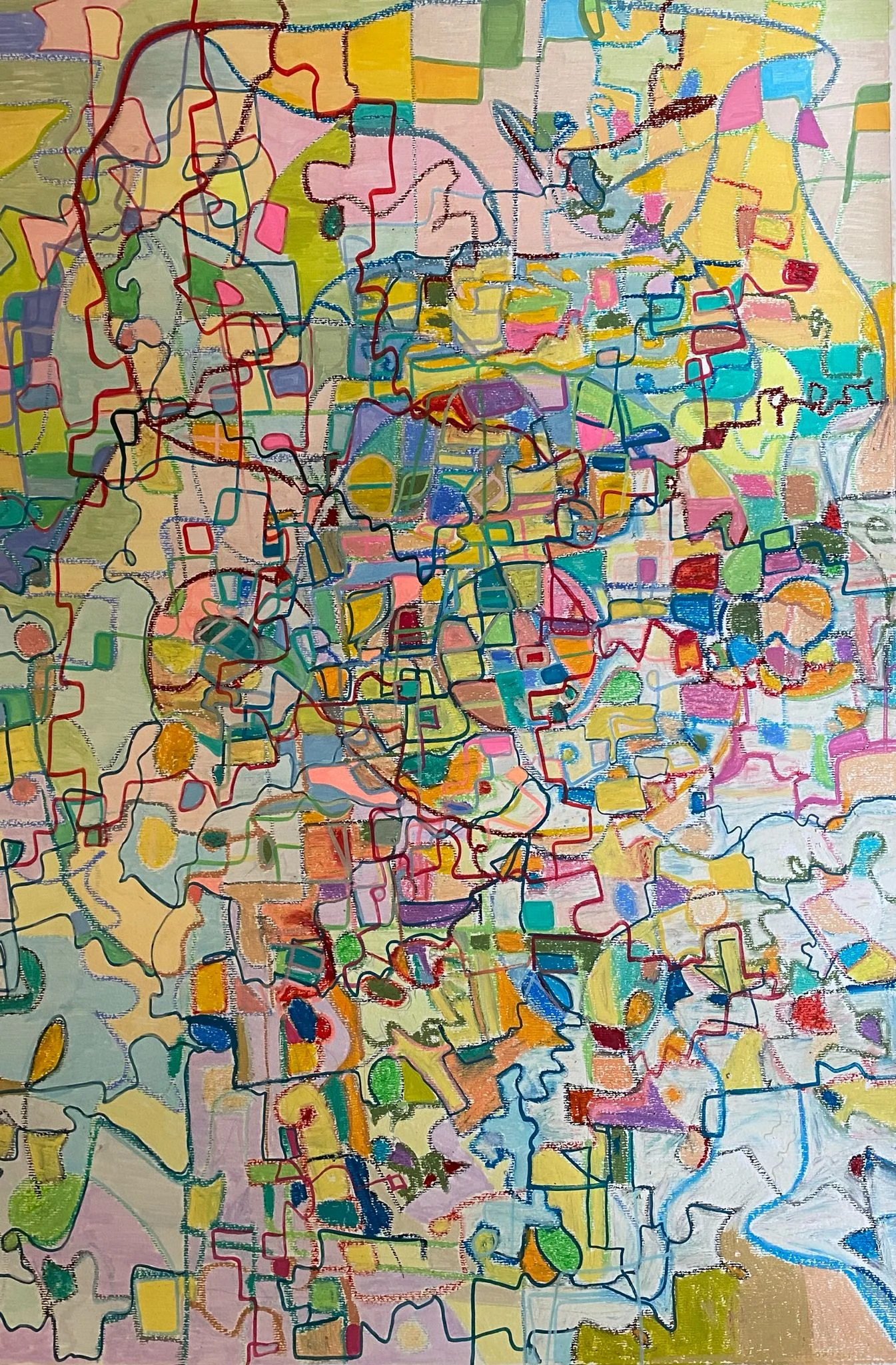 Cartographic Bloom abstract artwork with map-like lines and blooming color zones