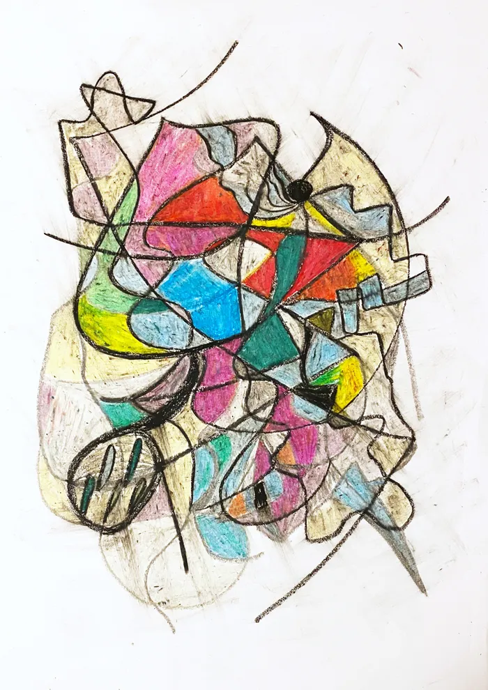 Folding Signal abstract artwork with colored fragments and black linework
