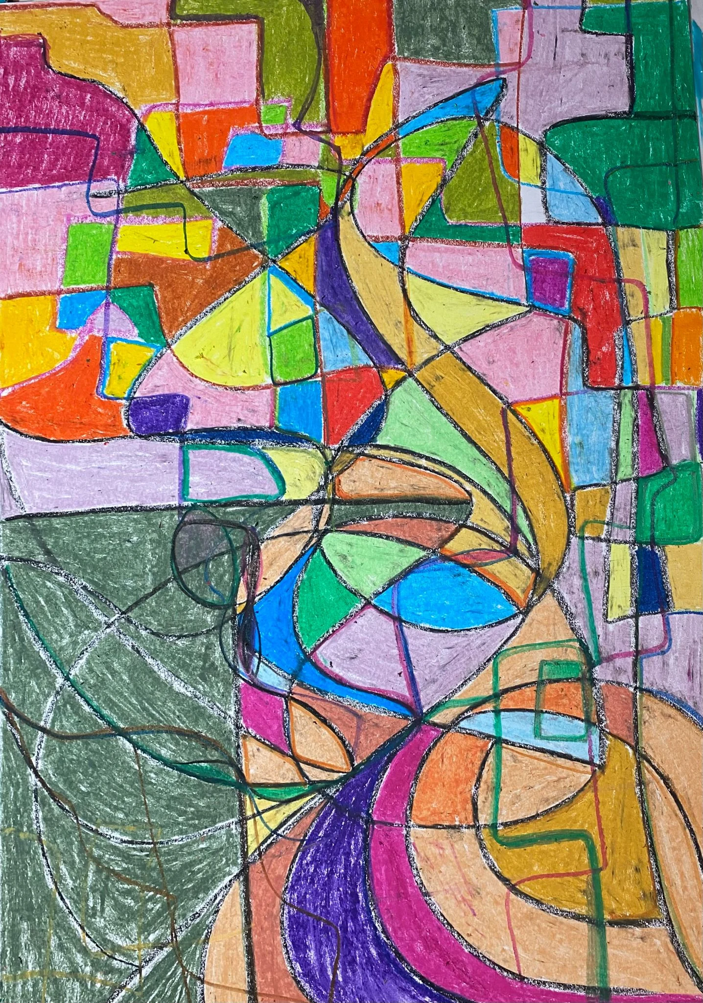 Fragmented Signal abstract artwork with pastel color fields and black linework