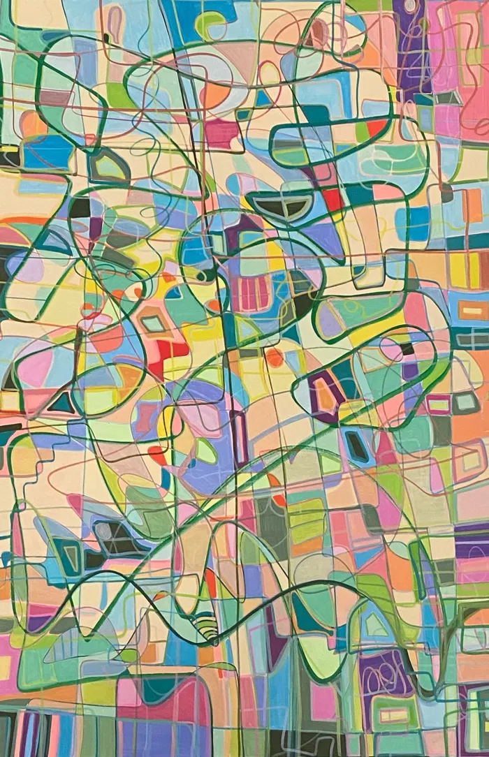 Soft City abstract artwork with layered color fields and map-like linework