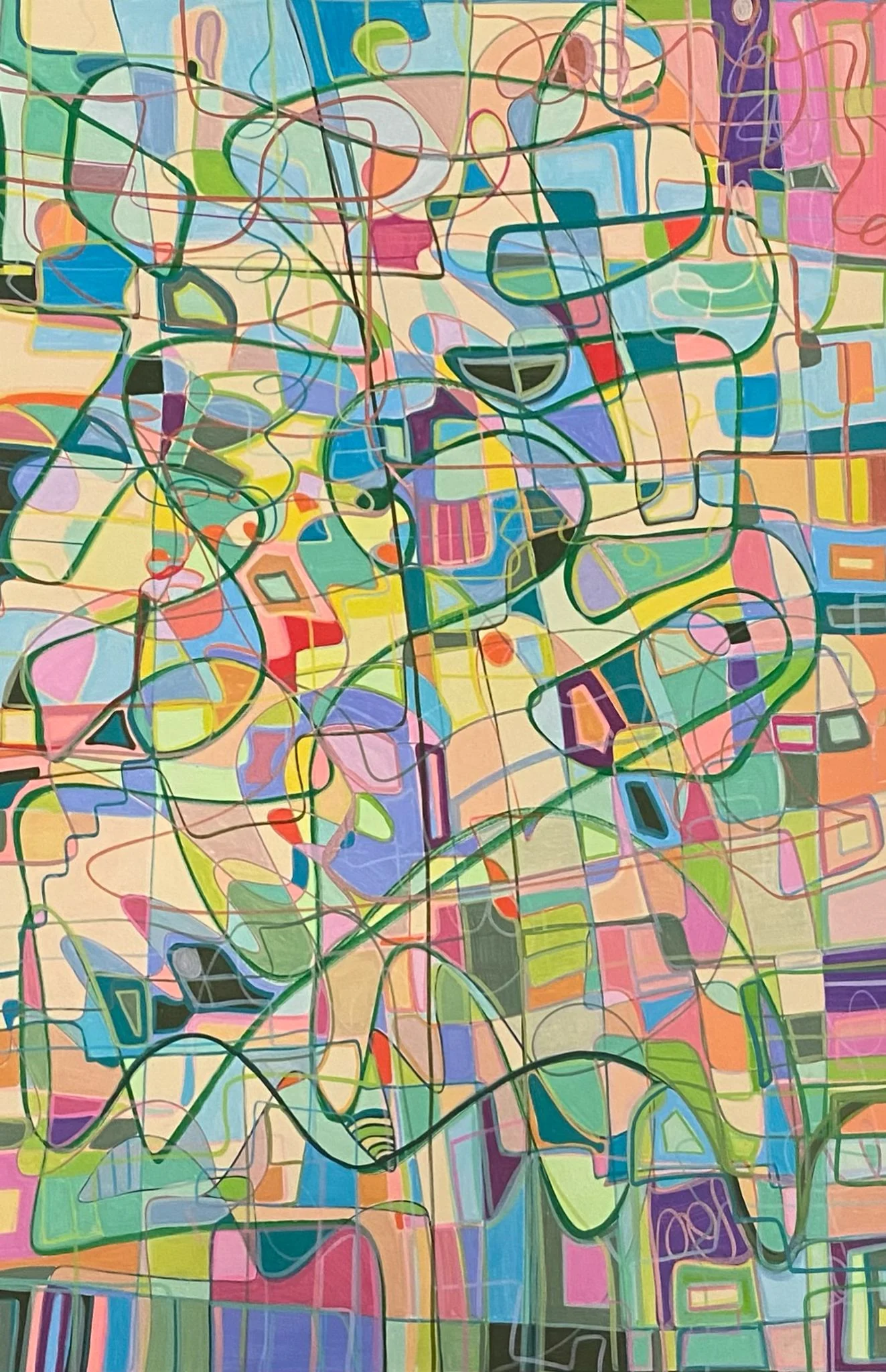 Soft City abstract artwork with layered color fields and map-like linework