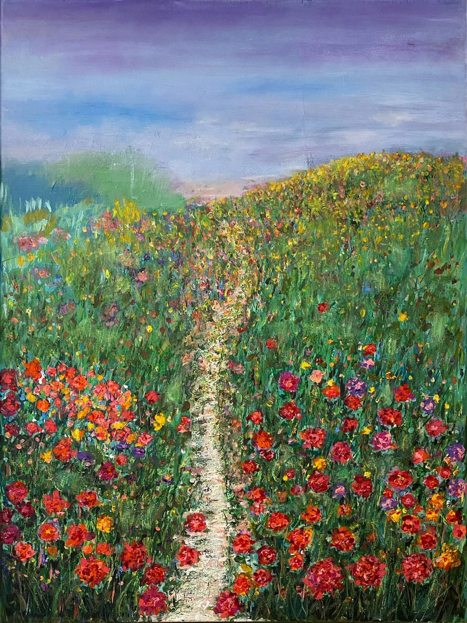 The Field Opens artwork with a path through dense color and flower-like marks
