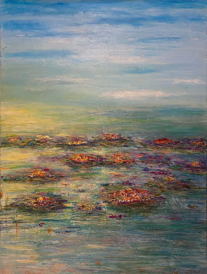 Water Garden abstract artwork with blue horizon and soft clustered color marks