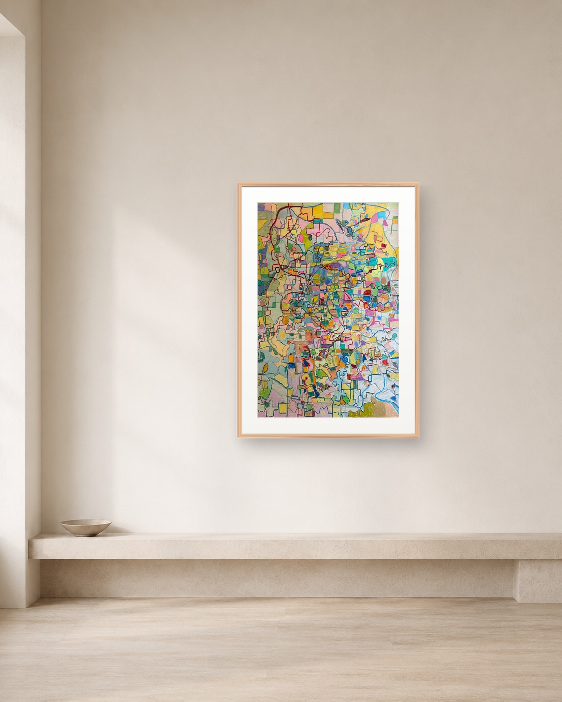 Cartographic Bloom shown framed on a neutral collector wall