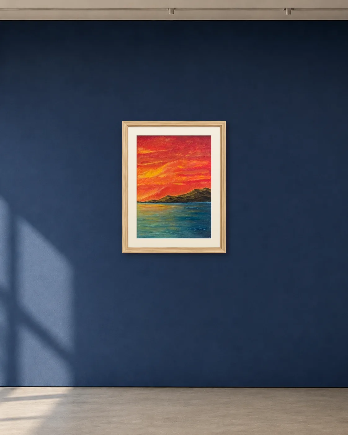 Ember Horizon shown framed on a deep blue gallery wall