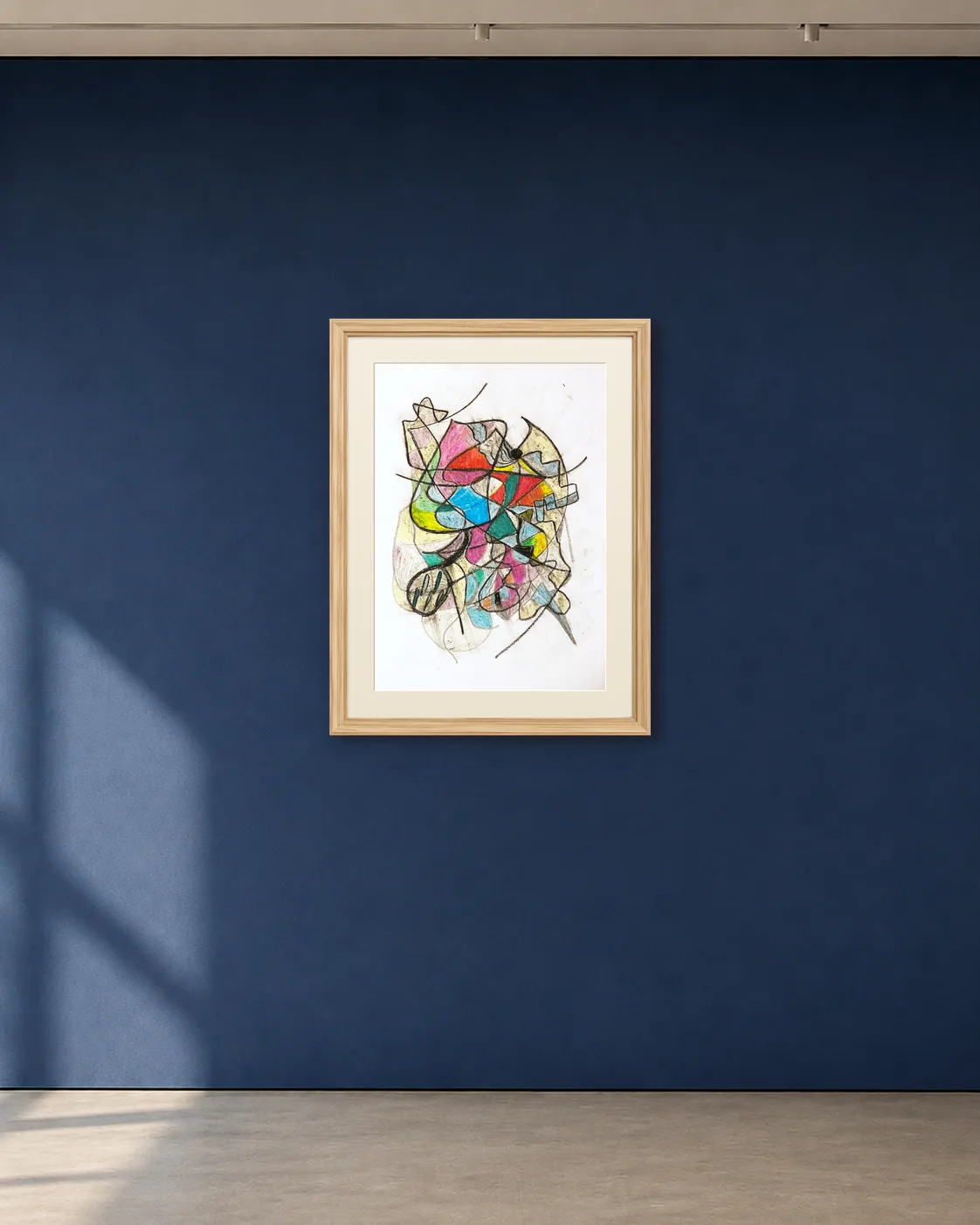 Folding Signal shown framed on a deep blue gallery wall