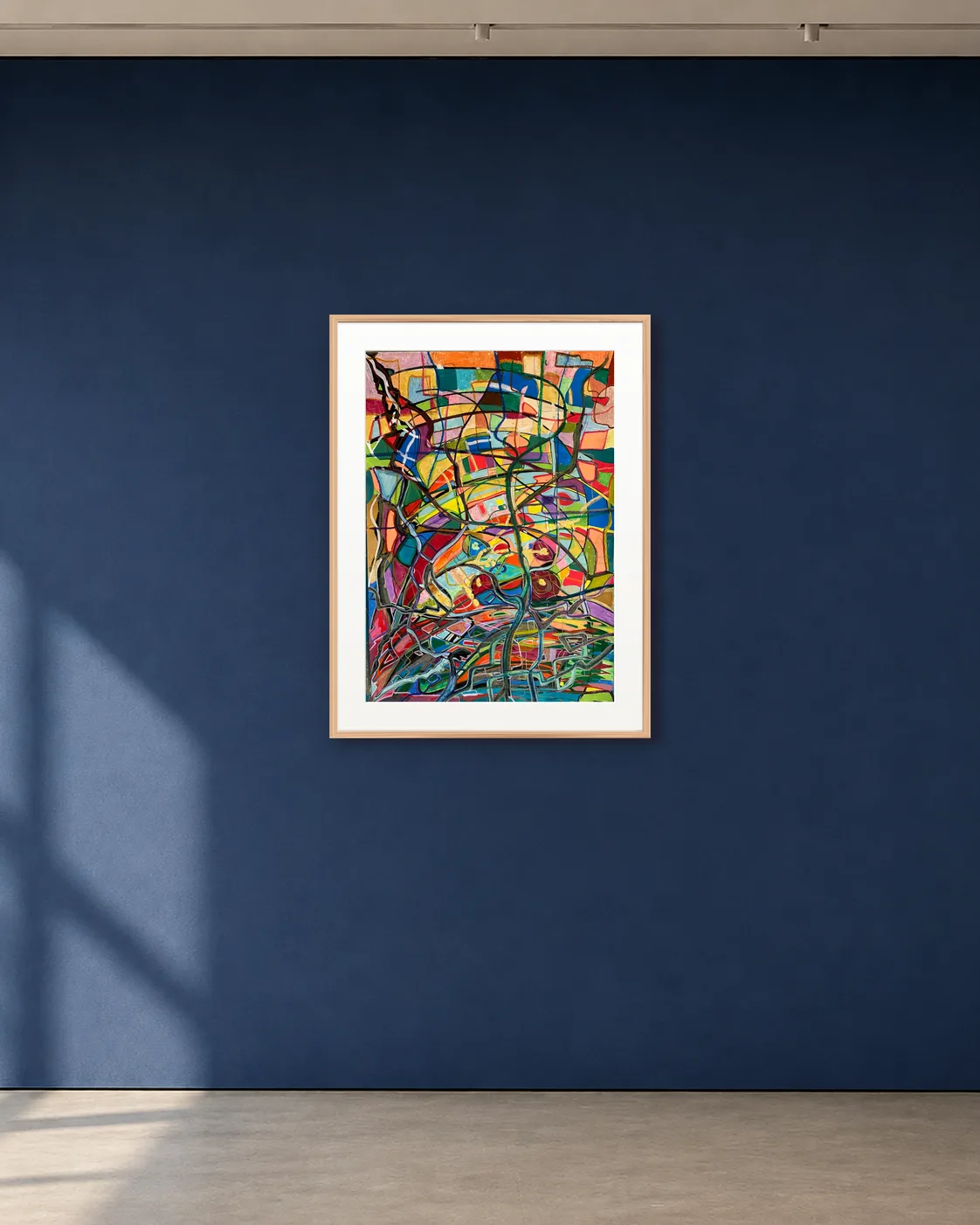 Night Circuit shown framed on a deep blue gallery wall