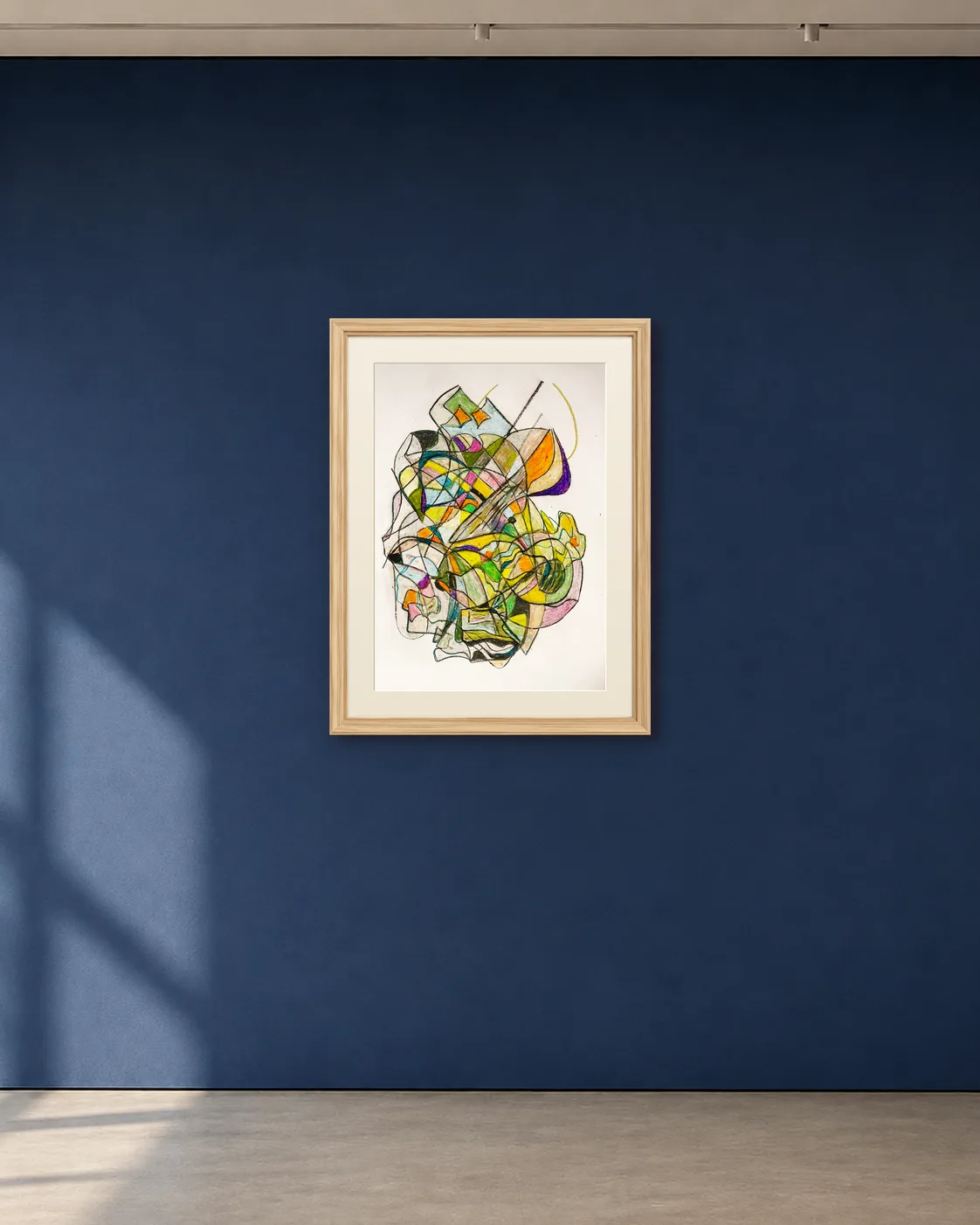 Small Broken Garden shown framed on a deep blue gallery wall