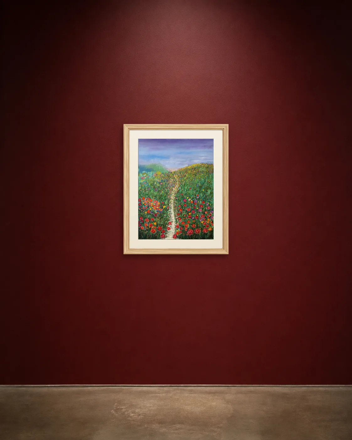 The Field Opens shown framed on a burgundy wall