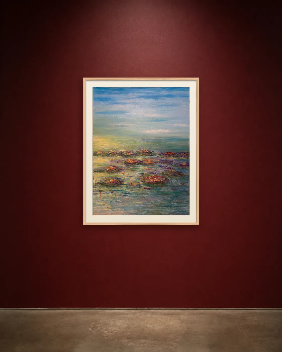 Water Garden shown framed on a burgundy wall