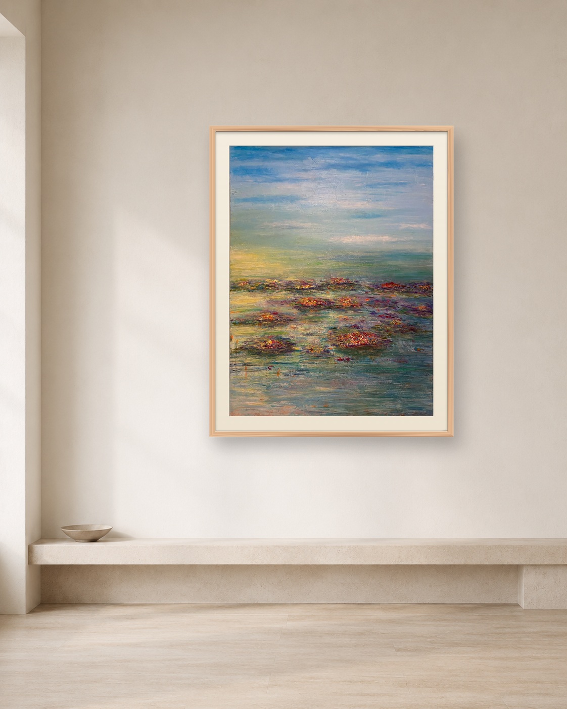 Water Garden shown framed on a neutral collector wall