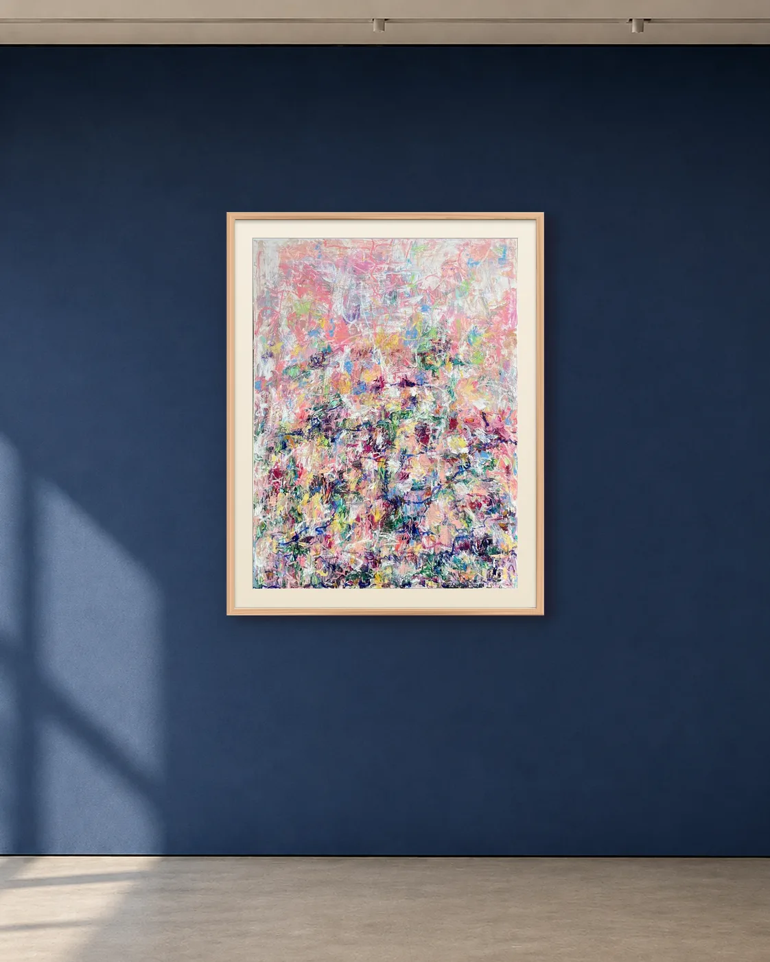 Wild Signal Garden shown framed on a deep blue gallery wall